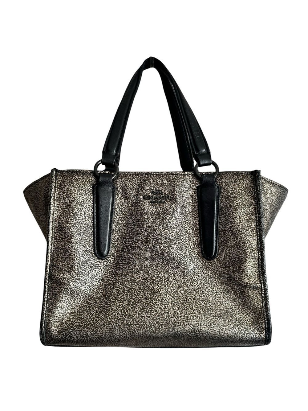 Coach Metallic Bronze Pebble Leather Tote with Black Handles